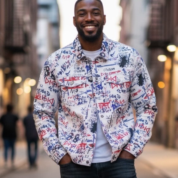 DTMD Men’s White Denim Button Up Graffiti Jacket Large Men’s Jacket HIP HOP - Picture 1 of 15